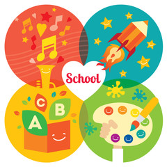 Set of colorful vector icons. Happy school: music, rocket, notebook, palette