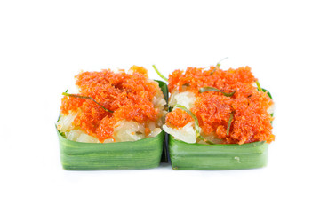 Shrimp mix with coconut on sticky rice dessert