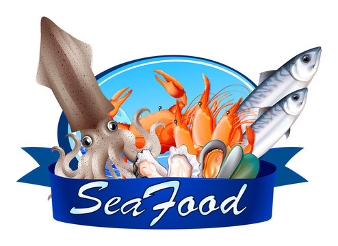 Seafood label with assorted seafood