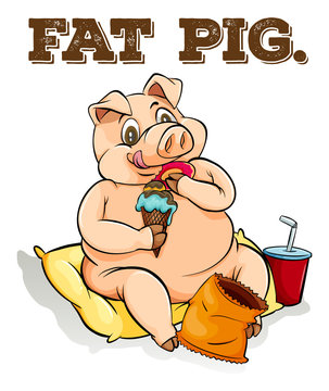 Fat pig eating ice cream