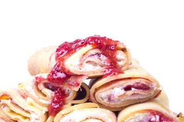 sweet pancakes with cream cheese and strawberry jam