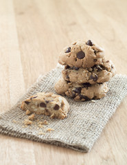 Chocolate chip cookies on  wooden table