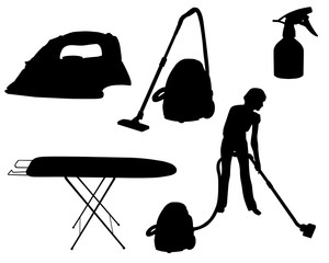 Silhouettes of household appliances: vacuum cleaner, electric iron, ironing-board, sprayer