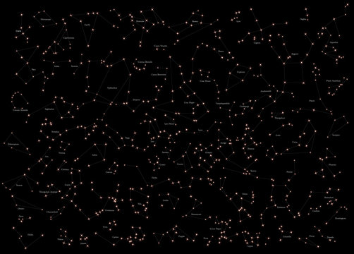 The locations of the 82 constellations in the sky and their names