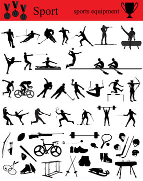 Silhouettes of athletes on trainings and competitions, a collection of sports