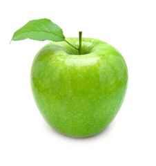 green apple with leaf isolated on white background