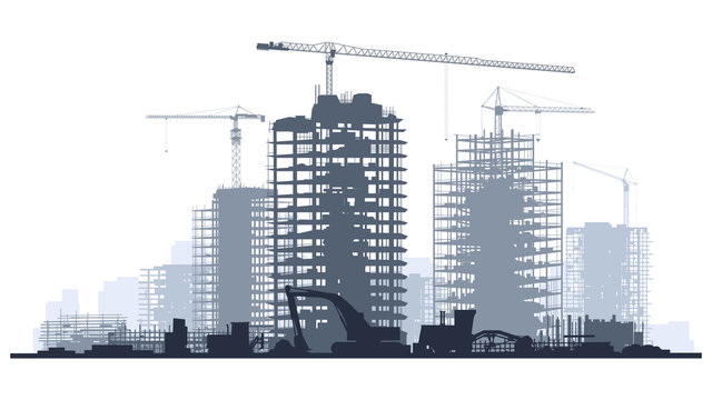 Line illustration of construction site with crane and building.