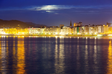 La Concha Embankment  in  autumn night at Donistia