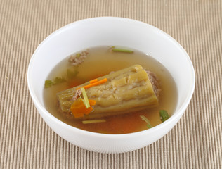 Thai cuisine name Stuffed bitter gourd.,Filling is made of groun