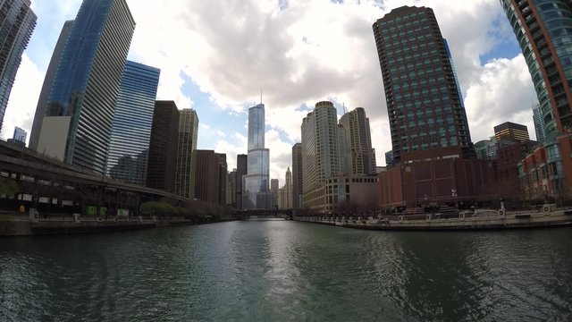 Chicago cityscape from the Architecture Foundation River Cruise. Image stabilization movement.