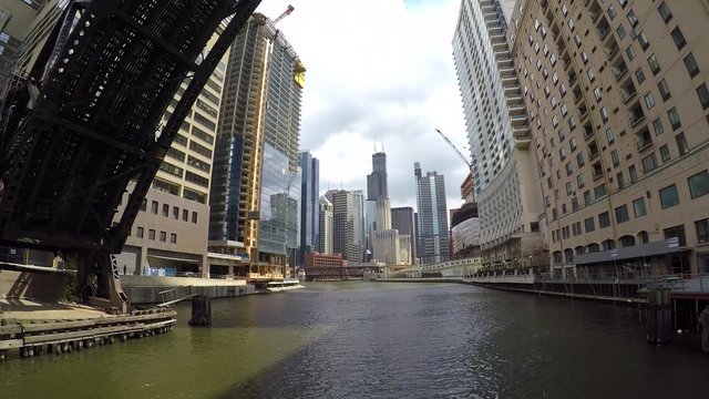 Chicago cityscape from the Architecture Foundation River Cruise. Image stabilization movement.