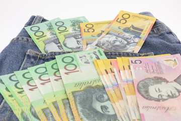 Obraz na płótnie Canvas Australia dollar in the pocket of blue jean.