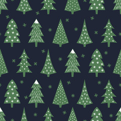 Simple seamless retro Christmas pattern - varied Xmas trees, stars and snowflakes. Happy New Year background. Vector design for winter holidays on dark blue background. Child drawing style trees.
