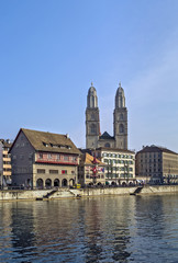 Fototapeta na wymiar view of embankment of Limmat river, Zurich