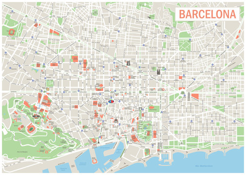 Barcelona Map. Highly detailed vector map of Barcelona. It's includes streets, parks, names of subdistricts, points of interests.