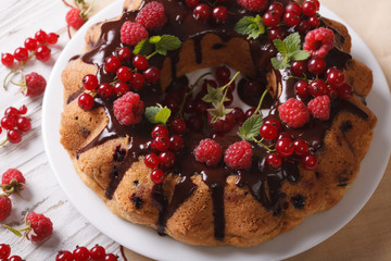 Fragrant berry sponge cake with chocolate close-up

