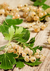 White currants with leaves on old wooden background, selective f