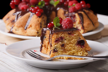 Slice of berry pie with chocolate close-up horizontal
