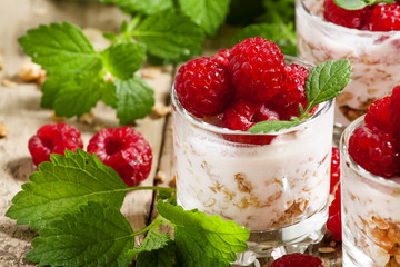Homemade granola with yogurt, raspberry and mint  in glass bowls