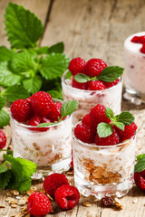 Homemade granola with yogurt, raspberry and mint  in glass bowls