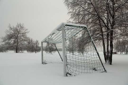 A soccer goal from the side covered in snow an ice with some birches and a cabin in the background