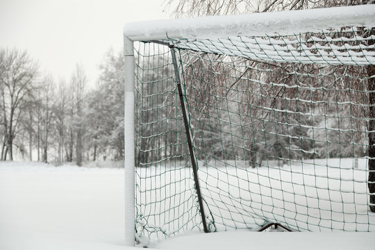 A soccer goal covered in snow an ice with some birches in the background