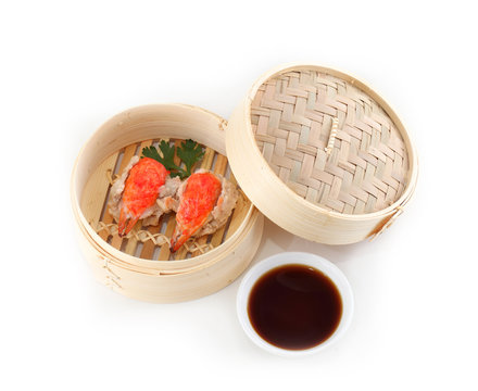 Dim Sum in Bamboo Steamed Bowl on white background