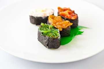 Sushi Assortment On White Dish, close up