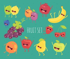 Fruit set. Apple, lemon, lime, pear, plum, apricot, blueberry, strawberry, pomegranate, grape, cherry, banana, orange, lime. Vector cartoon. Comic characters.
