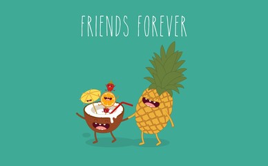 Pineapple with coconut. Hello summer. Comic characters. Vector cartoon.