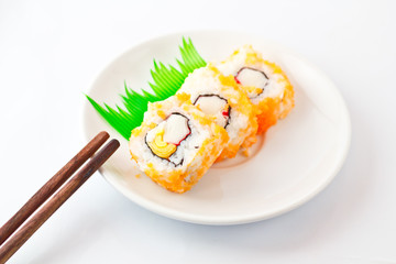 Sushi Assortment On White Dish, close up