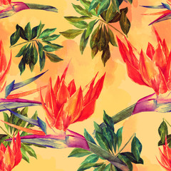 Fototapeta na wymiar Seamless watercolour pattern with tropical flowers and leaves
