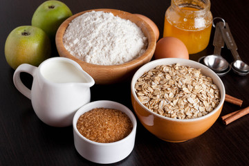 ingredients and spices for baking apple pie, close-up
