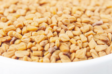 Fenugreek seeds in white bowl 