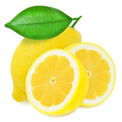 Three juicy yellow lemon with leaf sections isolated on a white background. Design element for product label, catalog print, web use.
