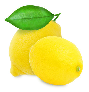 Juicy yellow lemons with leaf isolated on a white background. Design element for product label, catalog print, web use.
