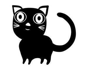 Simple black stylized cat with big eyes isolated on white