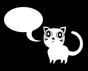 White cat with communication bubble on black background