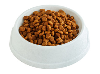 Dry pet food in a white bowl
