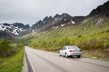 car going to mountains, Lofoten Islands