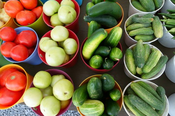 Farmers Market produce: tomatoes, cucumber, zucchini