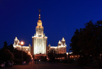 Fototapeta na wymiar Moscow State University named after Lomonosov at night, main building, Russia