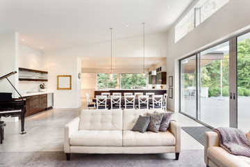 Living Room in Luxury Home with Wide Open Floor Plan. View of Kitchen