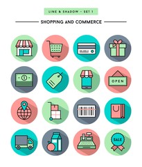 set of flat design,long shadow, thin line shopping and commerce icons