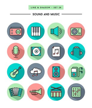 set of flat design,long shadow, thin line sound and music icons