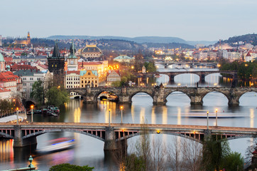 Fototapeta na wymiar Aerial view of Prague (Czech Republic) in the sunset