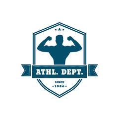 vintage emblem with posing athlete on shield, vector illustration, eps10