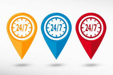 Around the clock map pointer, vector illustration. Flat design style