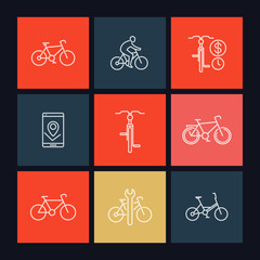 Cycling, cyclist, bike rent, repair service, line square icons, vector illustration, eps10