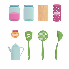 Kitchenware cartoon set with nine objects.